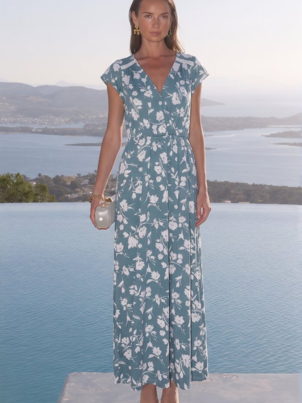 French Grey Nicki Knit Floral Surplice Maxi Dress